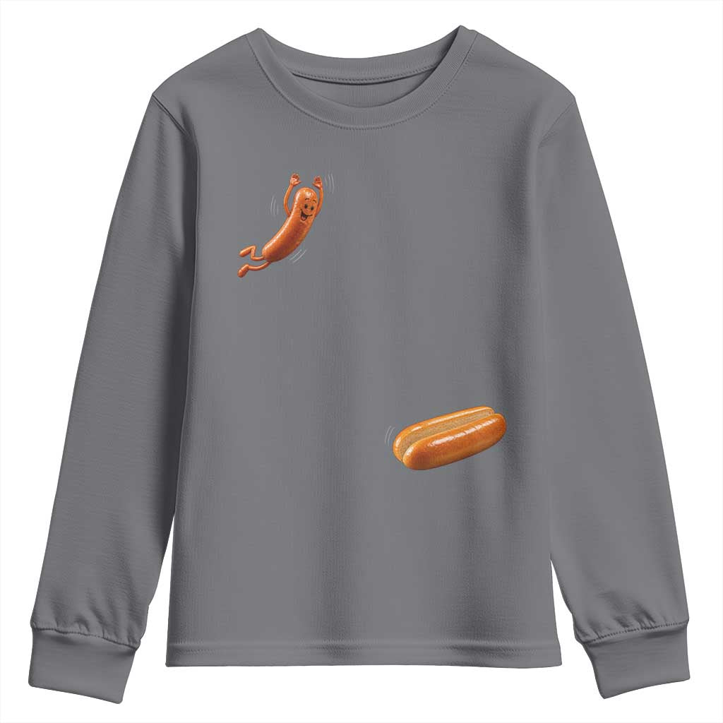 Funny Hot Dog Youth Sweatshirt Hotdog Jumping Into Bun Sausage BBQ Grilling High Dive
