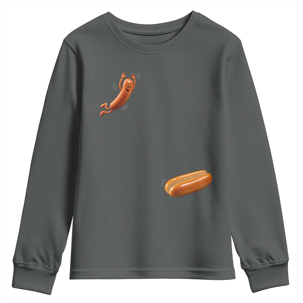Funny Hot Dog Youth Sweatshirt Hotdog Jumping Into Bun Sausage BBQ Grilling High Dive