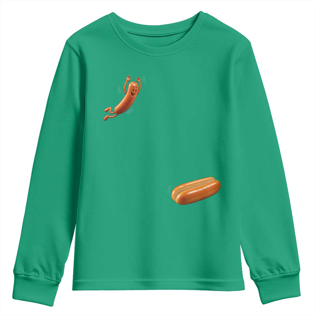 Funny Hot Dog Youth Sweatshirt Hotdog Jumping Into Bun Sausage BBQ Grilling High Dive