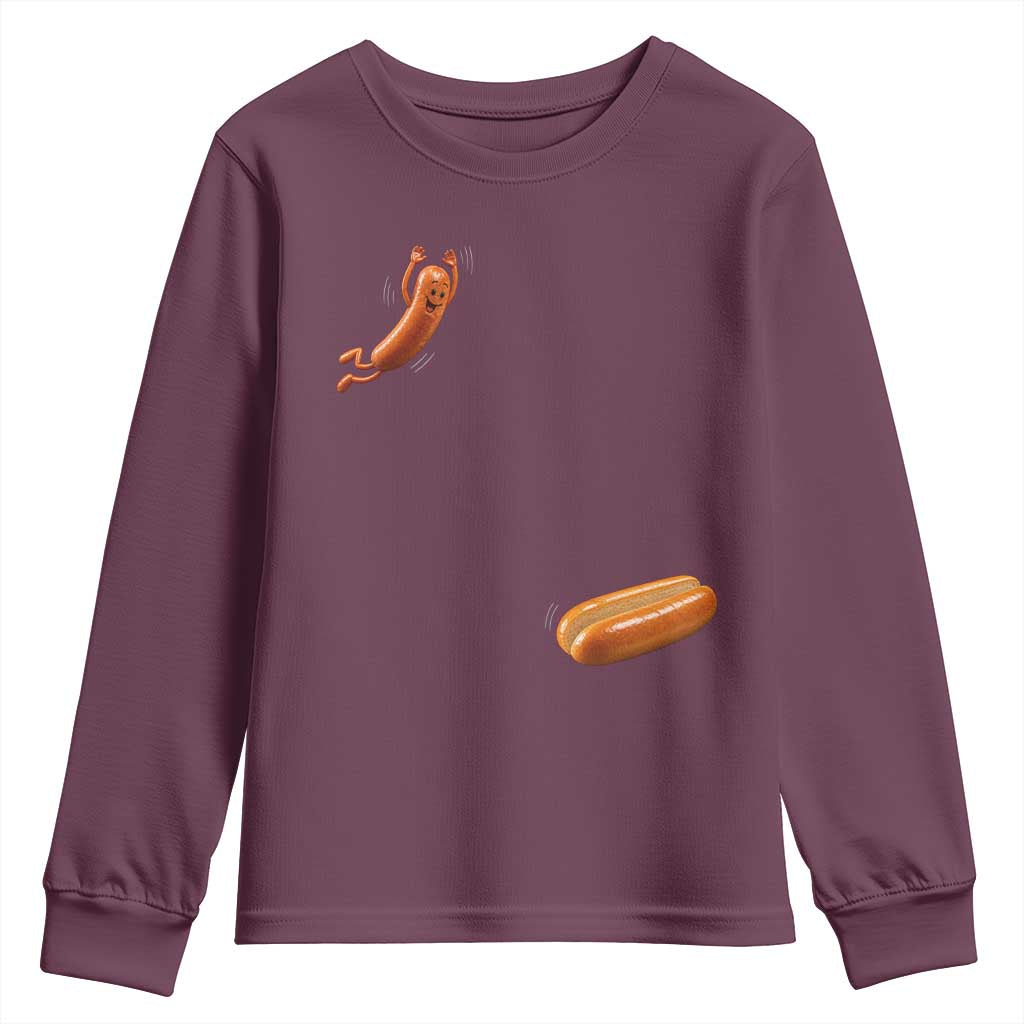 Funny Hot Dog Youth Sweatshirt Hotdog Jumping Into Bun Sausage BBQ Grilling High Dive