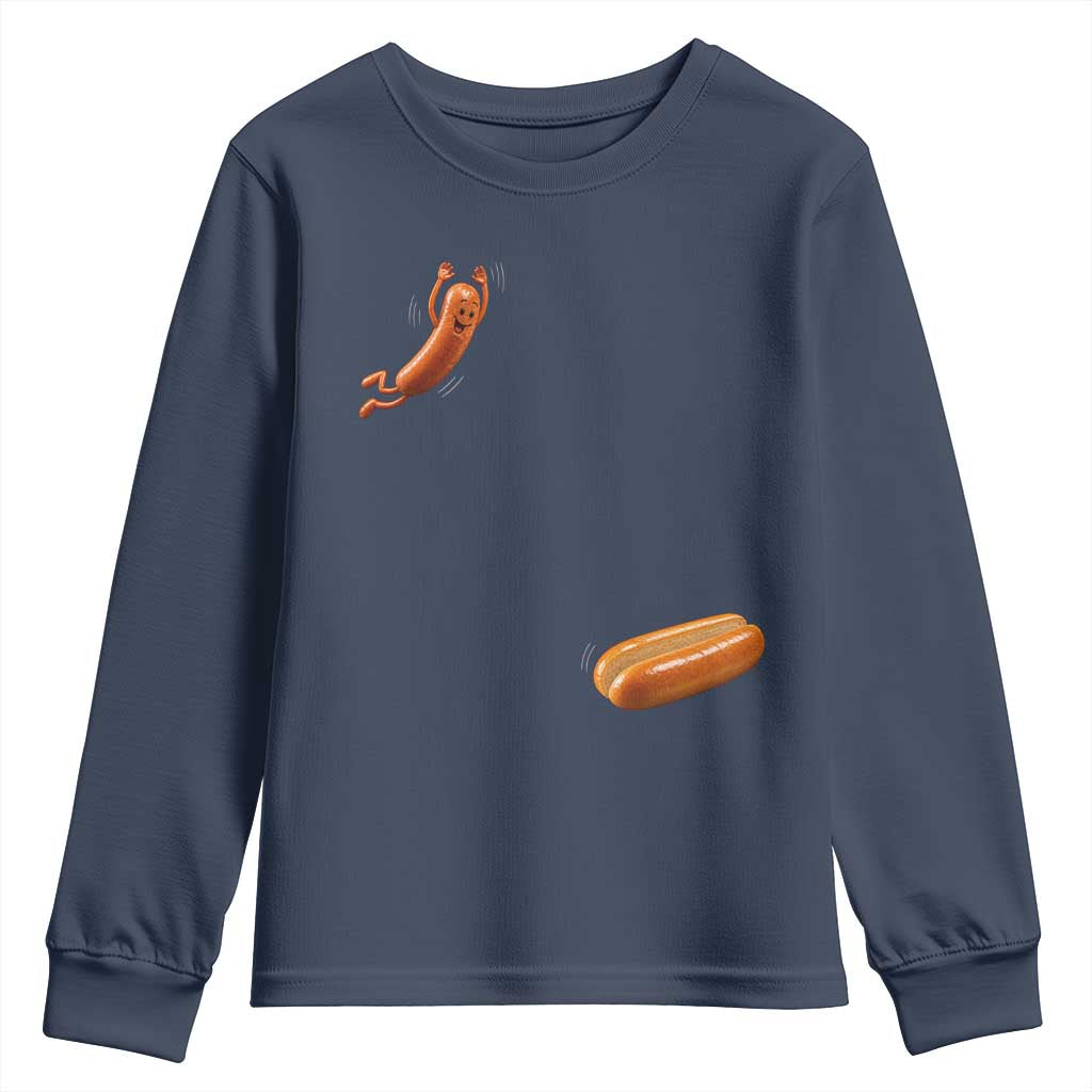 Funny Hot Dog Youth Sweatshirt Hotdog Jumping Into Bun Sausage BBQ Grilling High Dive