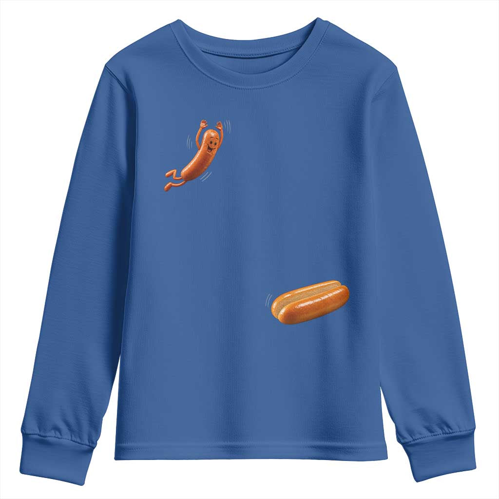 Funny Hot Dog Youth Sweatshirt Hotdog Jumping Into Bun Sausage BBQ Grilling High Dive