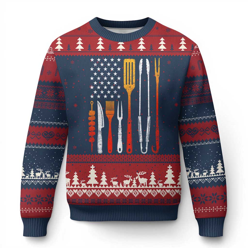 Bbq Smoker Ugly Christmas Sweater Barbecue Chef Smoking Tools Grilling Pit Master USA Flag