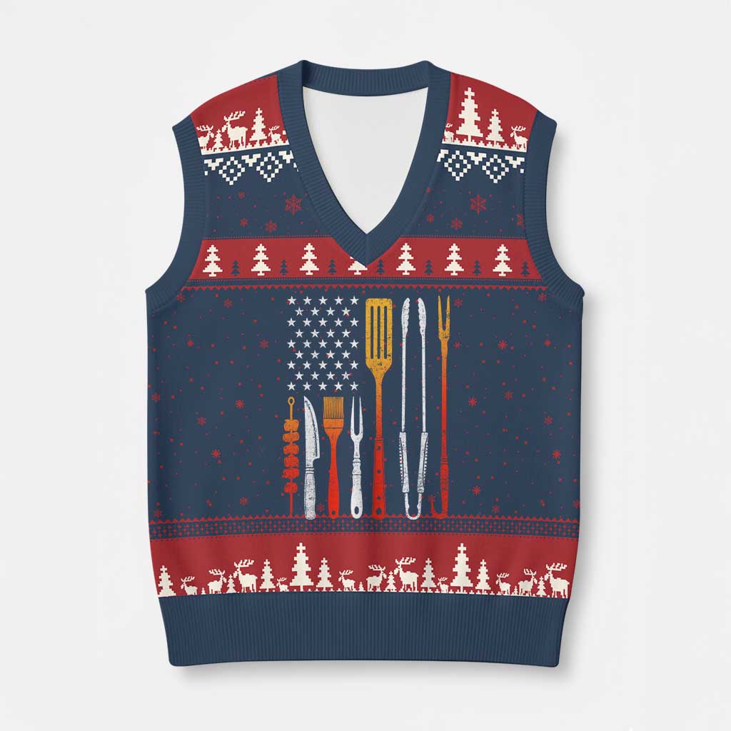 Bbq Smoker V-Neck Knit Sweater Vest Barbecue Chef Smoking Tools Grilling Pit Master USA Flag