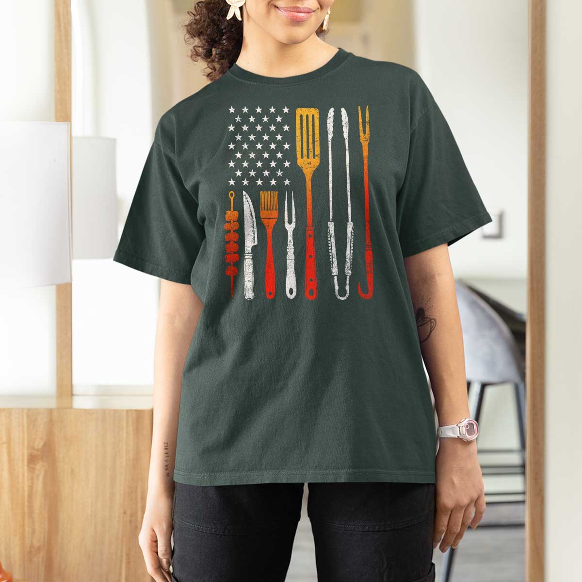 Bbq Smoker T Shirt For Women Barbecue Chef Smoking Tools Grilling Pit Master USA Flag