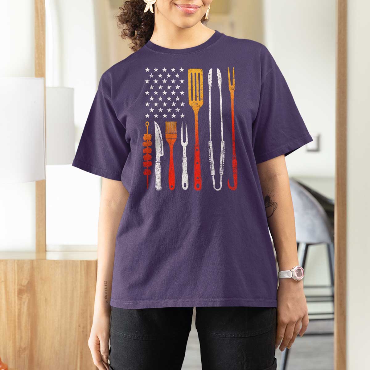 Bbq Smoker T Shirt For Women Barbecue Chef Smoking Tools Grilling Pit Master USA Flag