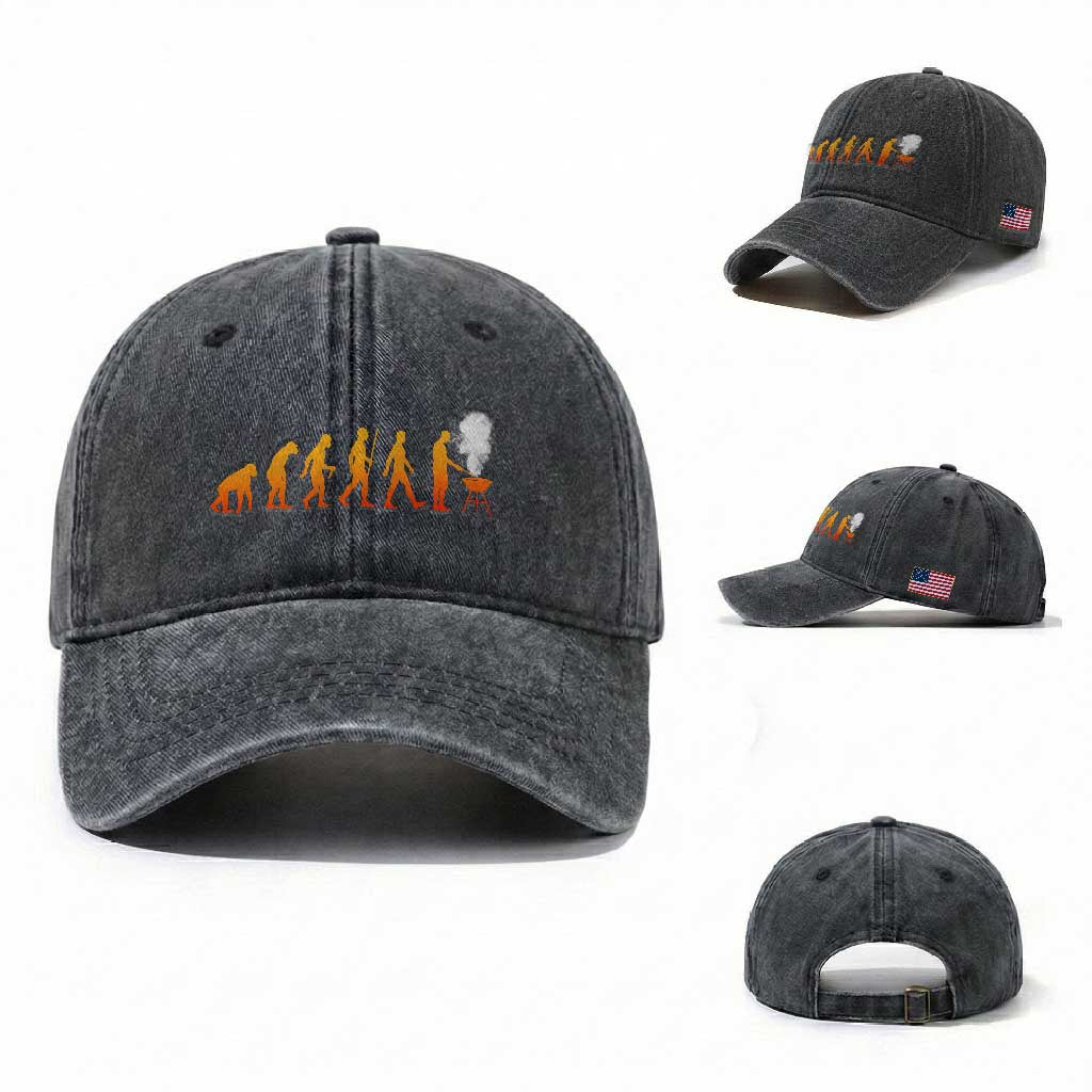 Funny BBQ Washed Cotton Baseball Cap Evolution Of Grill Master Grilling Gifts Meat Smoking