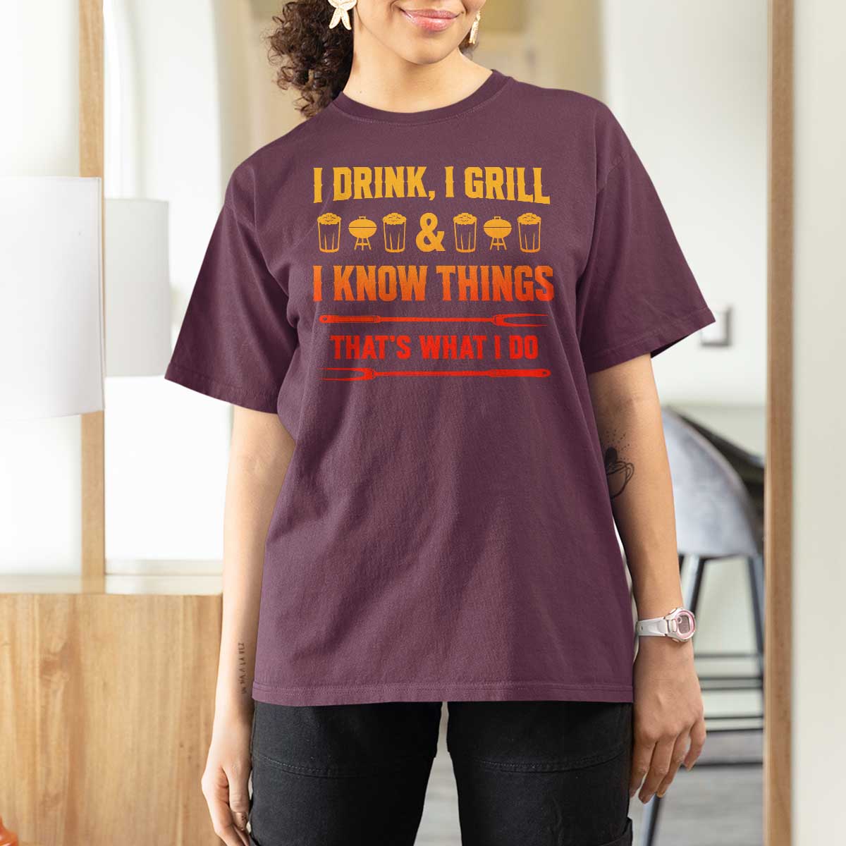 Funny BBQ Beer Lovers T Shirt For Women I Drink I Grill And I Know Things Bbq Barbecue Beer