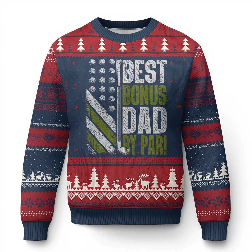 Best Bonus Dad By Par Ugly Christmas Sweater Step Dad Golf American Flag Fathers Day Gift For Golfers