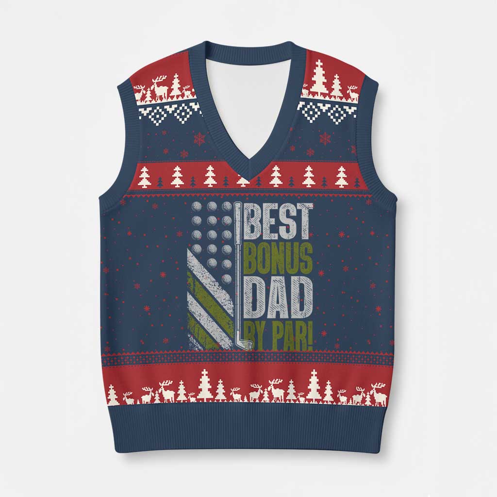 Best Bonus Dad By Par V-Neck Knit Sweater Vest Step Dad Golf American Flag Fathers Day Gift For Golfers