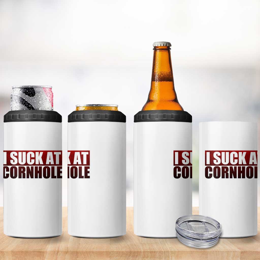 I Suck At Cornhole 4 in 1 Can Cooler Tumbler Funny Bean Bag Toss Game