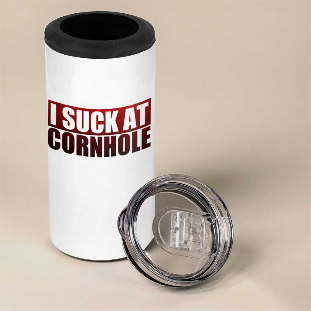 I Suck At Cornhole 4 in 1 Can Cooler Tumbler Funny Bean Bag Toss Game