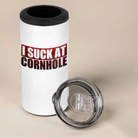 I Suck At Cornhole 4 in 1 Can Cooler Tumbler Funny Bean Bag Toss Game