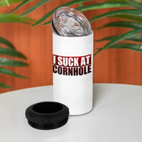 I Suck At Cornhole 4 in 1 Can Cooler Tumbler Funny Bean Bag Toss Game