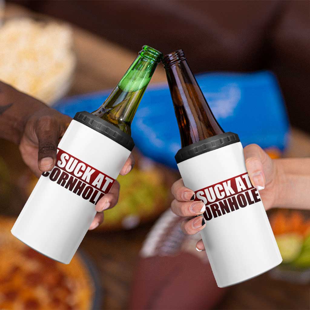 I Suck At Cornhole 4 in 1 Can Cooler Tumbler Funny Bean Bag Toss Game