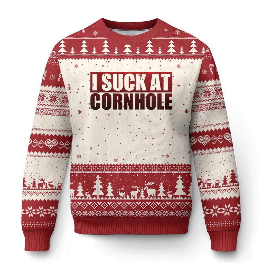 I Suck At Cornhole Ugly Christmas Sweater Funny Bean Bag Toss Game