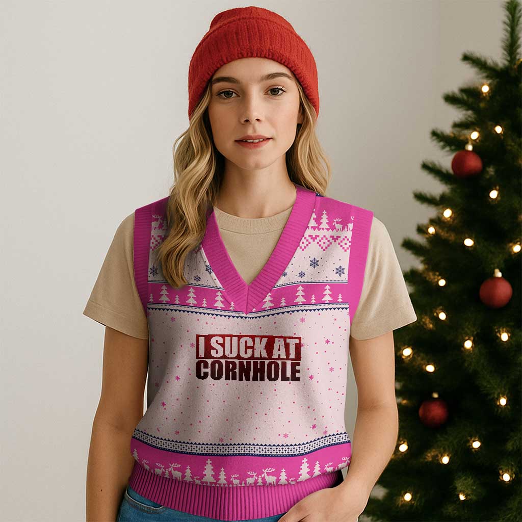 I Suck At Cornhole V-Neck Knit Sweater Vest Funny Bean Bag Toss Game