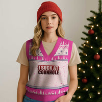 I Suck At Cornhole V-Neck Knit Sweater Vest Funny Bean Bag Toss Game