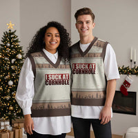 I Suck At Cornhole V-Neck Knit Sweater Vest Funny Bean Bag Toss Game