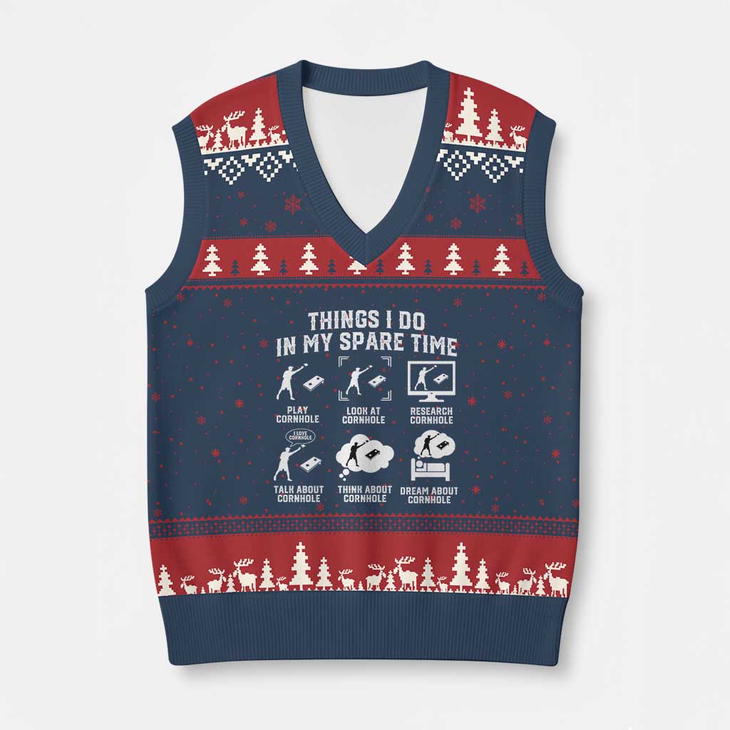 Funny Cornhole Lover V-Neck Knit Sweater Vest Things I Do In My Spare Time Bean Bag Toss Game