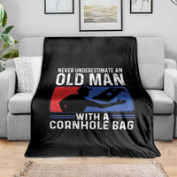 Funny Cornhole Player Throw Blanket Never Underestimate An Old Man With A Cornhole Bag