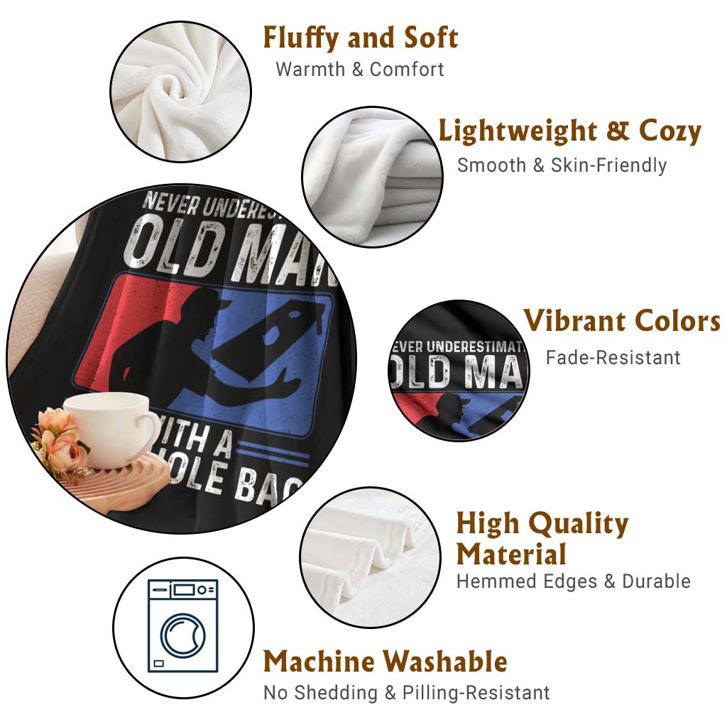Funny Cornhole Player Throw Blanket Never Underestimate An Old Man With A Cornhole Bag