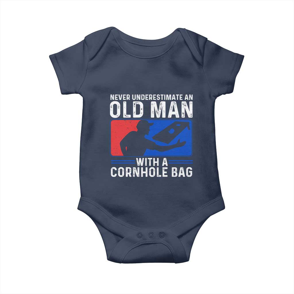 Funny Cornhole Player Baby Onesie Never Underestimate An Old Man With A Cornhole Bag