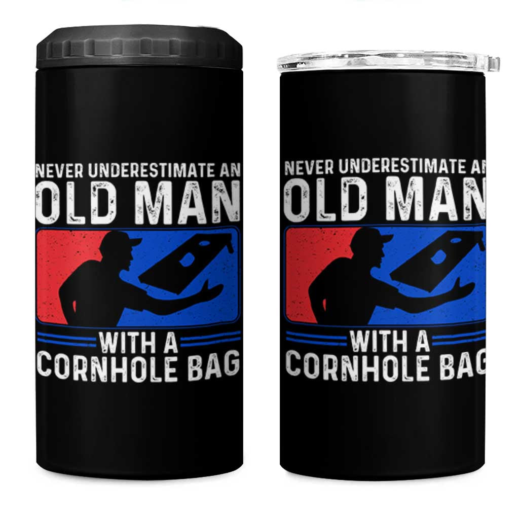 Funny Cornhole Player 4 in 1 Can Cooler Tumbler Never Underestimate An Old Man With A Cornhole Bag