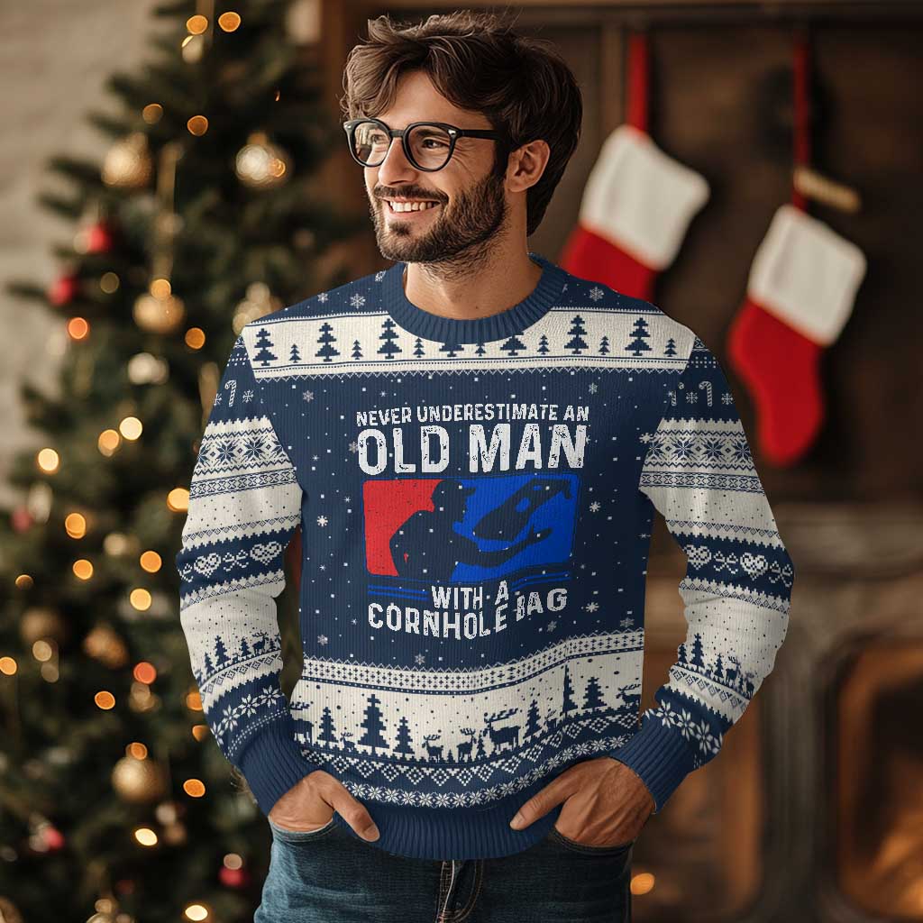 Funny Cornhole Player Ugly Christmas Sweater Never Underestimate An Old Man With A Cornhole Bag