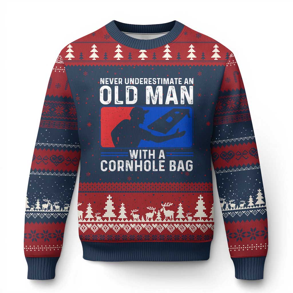Funny Cornhole Player Ugly Christmas Sweater Never Underestimate An Old Man With A Cornhole Bag
