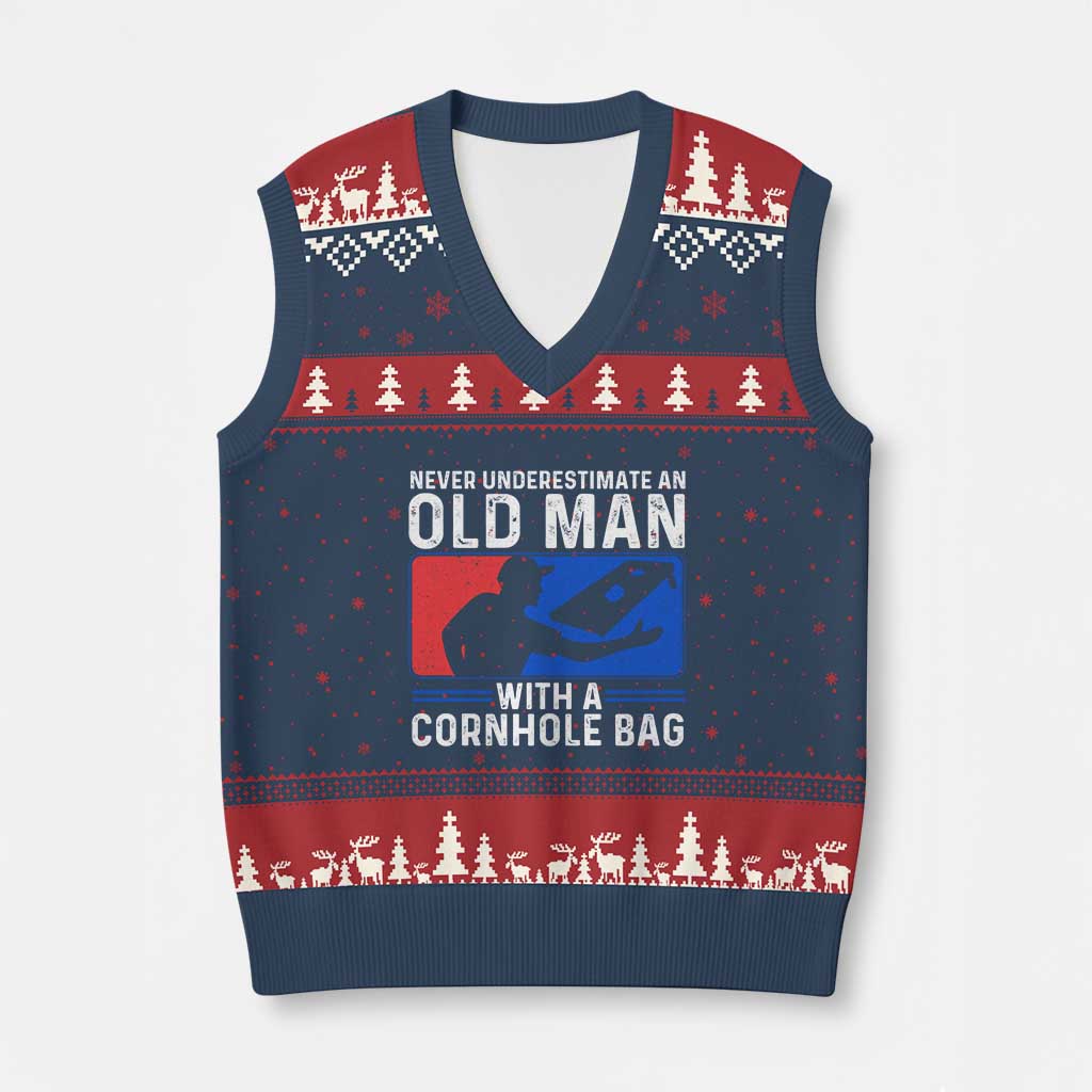 Funny Cornhole Player V-Neck Knit Sweater Vest Never Underestimate An Old Man With A Cornhole Bag