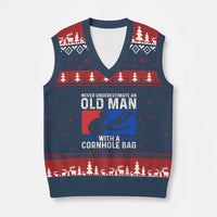 Funny Cornhole Player V-Neck Knit Sweater Vest Never Underestimate An Old Man With A Cornhole Bag