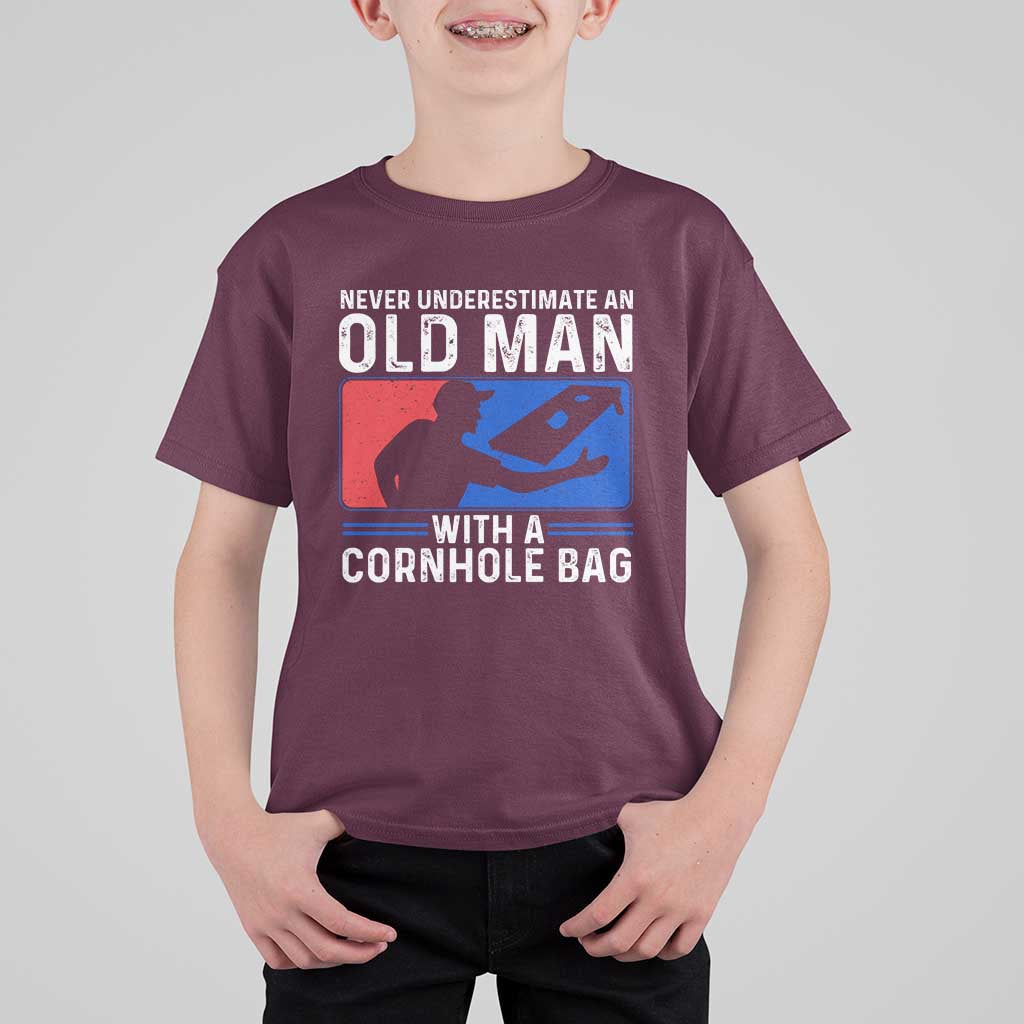 Funny Cornhole Player T Shirt For Kid Never Underestimate An Old Man With A Cornhole Bag
