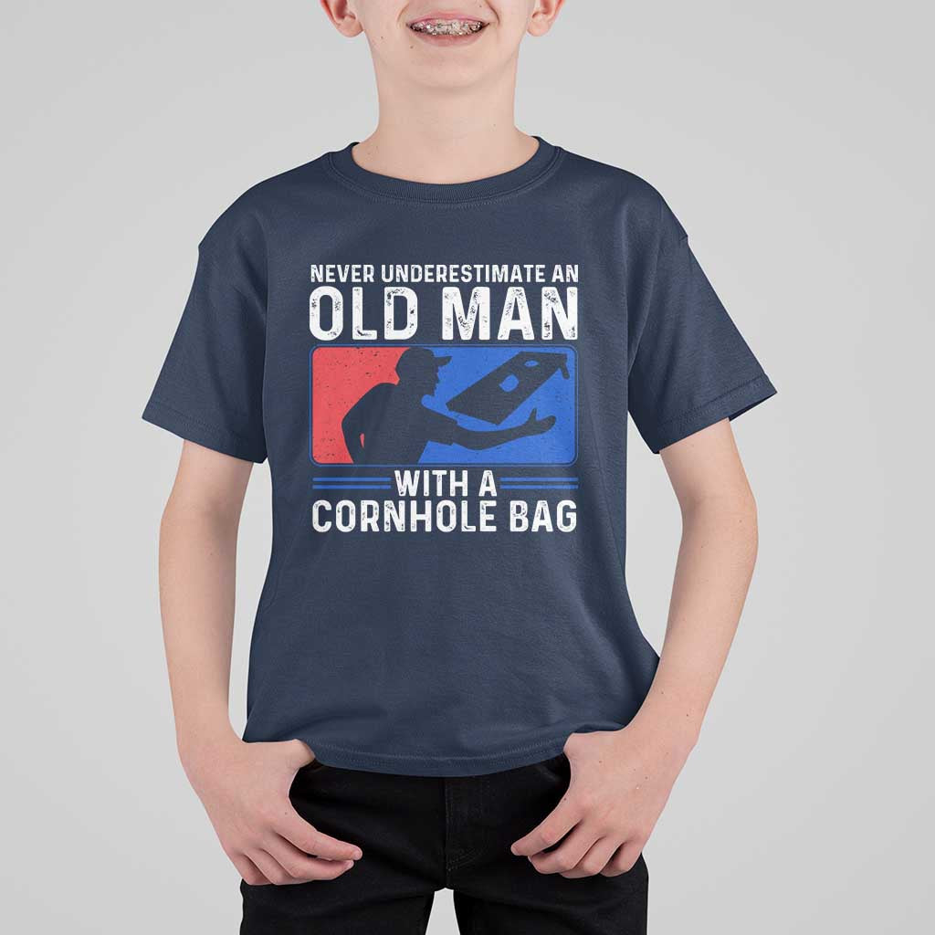 Funny Cornhole Player T Shirt For Kid Never Underestimate An Old Man With A Cornhole Bag