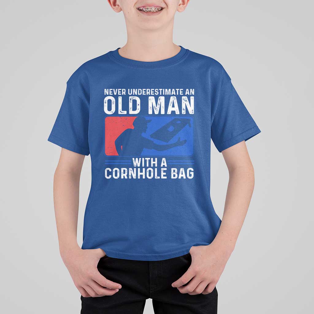 Funny Cornhole Player T Shirt For Kid Never Underestimate An Old Man With A Cornhole Bag