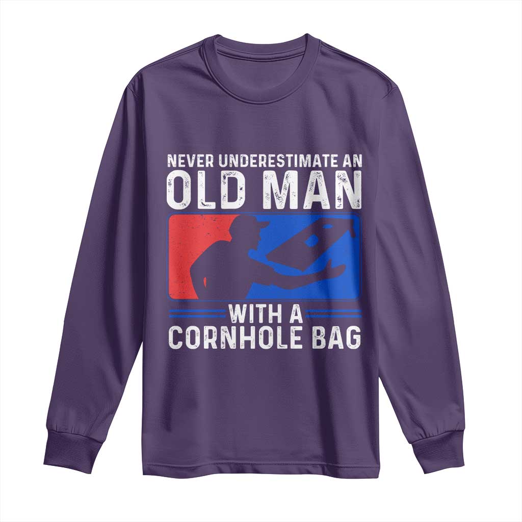Funny Cornhole Player Long Sleeve Shirt Never Underestimate An Old Man With A Cornhole Bag