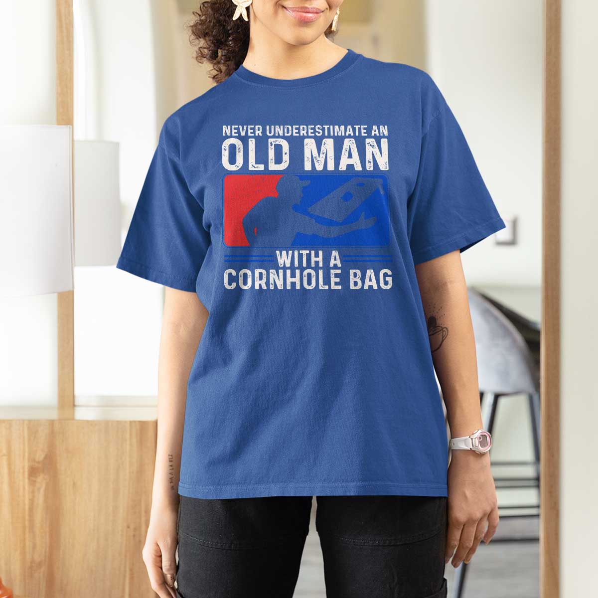 Funny Cornhole Player T Shirt For Women Never Underestimate An Old Man With A Cornhole Bag