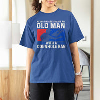 Funny Cornhole Player T Shirt For Women Never Underestimate An Old Man With A Cornhole Bag