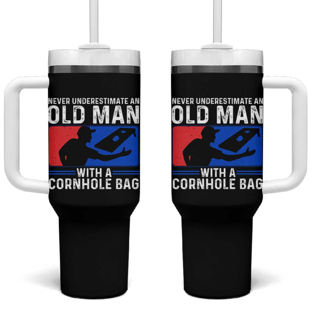 Funny Cornhole Player Tumbler With Handle Never Underestimate An Old Man With A Cornhole Bag