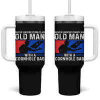 Funny Cornhole Player Tumbler With Handle Never Underestimate An Old Man With A Cornhole Bag