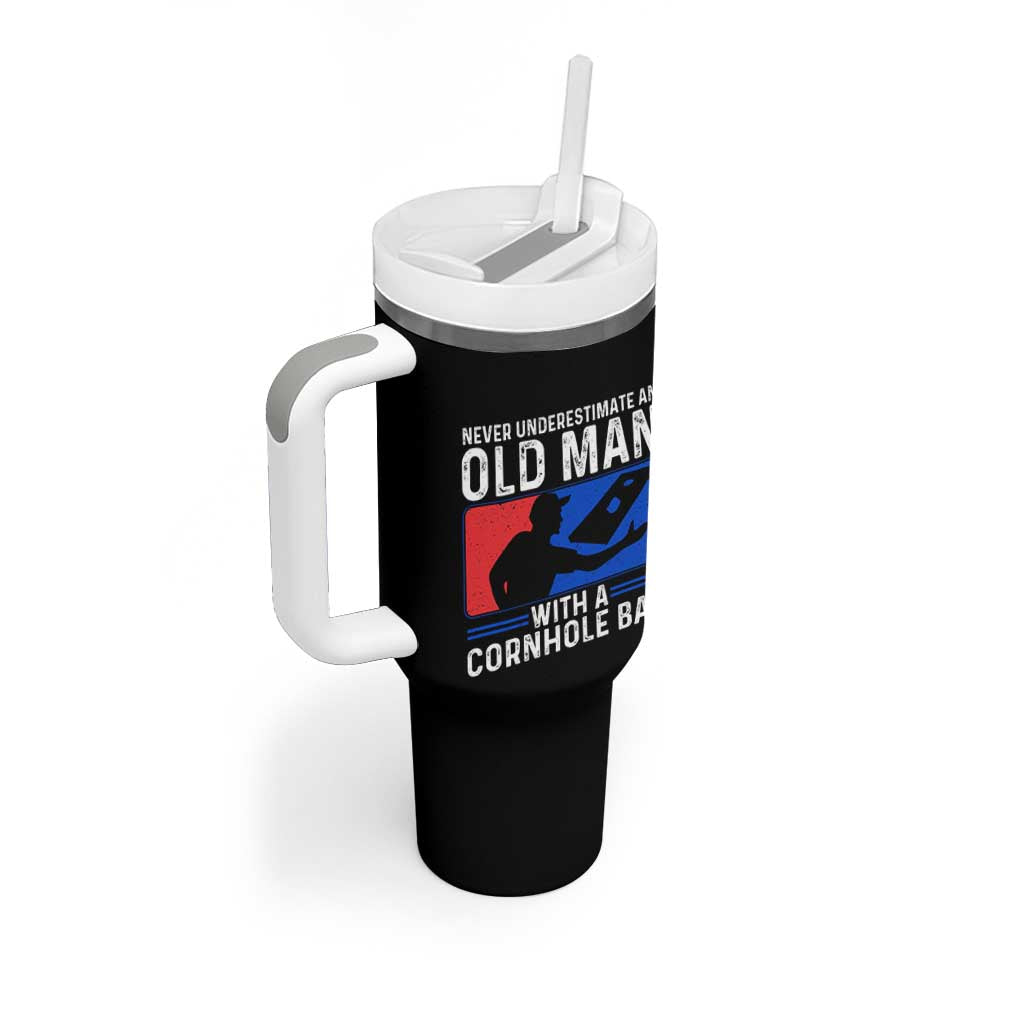Funny Cornhole Player Tumbler With Handle Never Underestimate An Old Man With A Cornhole Bag