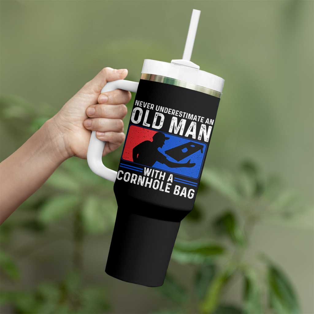 Funny Cornhole Player Tumbler With Handle Never Underestimate An Old Man With A Cornhole Bag