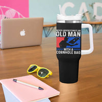 Funny Cornhole Player Tumbler With Handle Never Underestimate An Old Man With A Cornhole Bag
