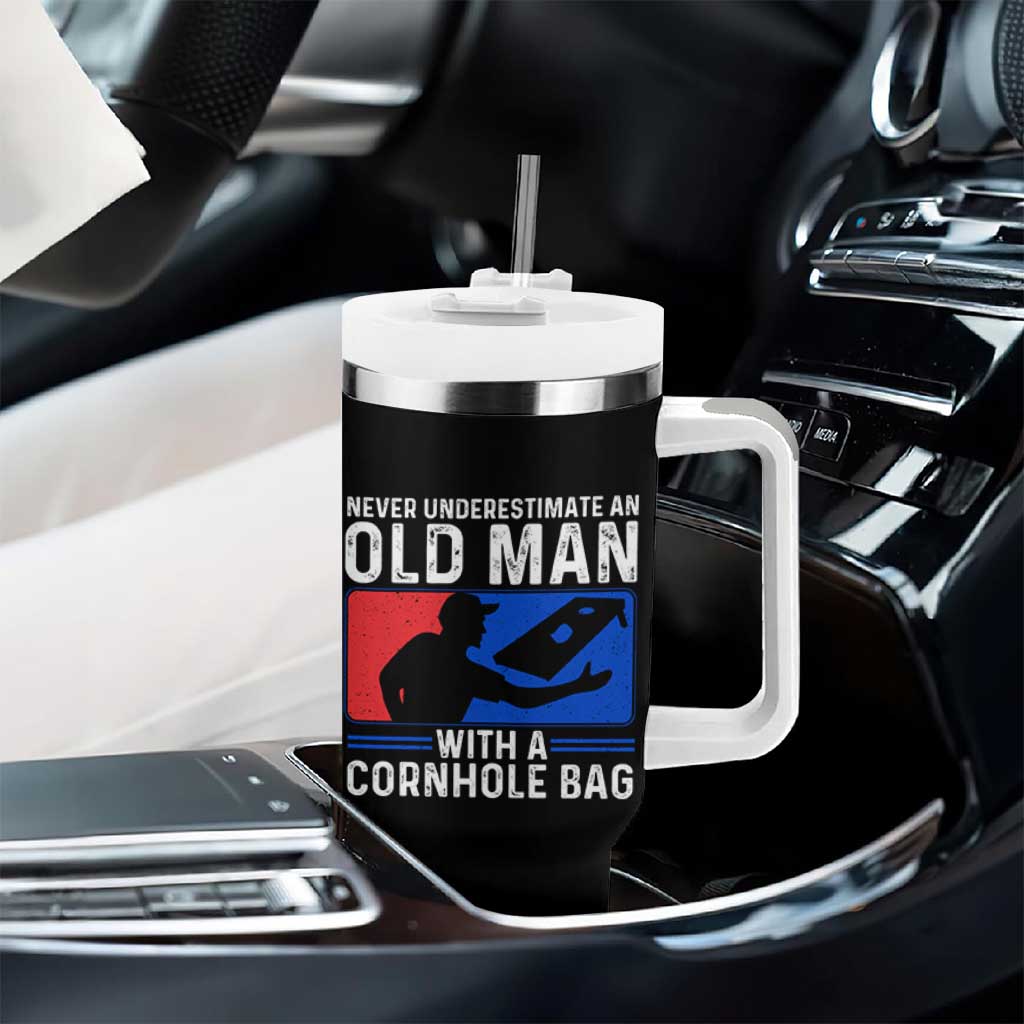 Funny Cornhole Player Tumbler With Handle Never Underestimate An Old Man With A Cornhole Bag