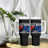 Funny Cornhole Player Tumbler With Handle Never Underestimate An Old Man With A Cornhole Bag