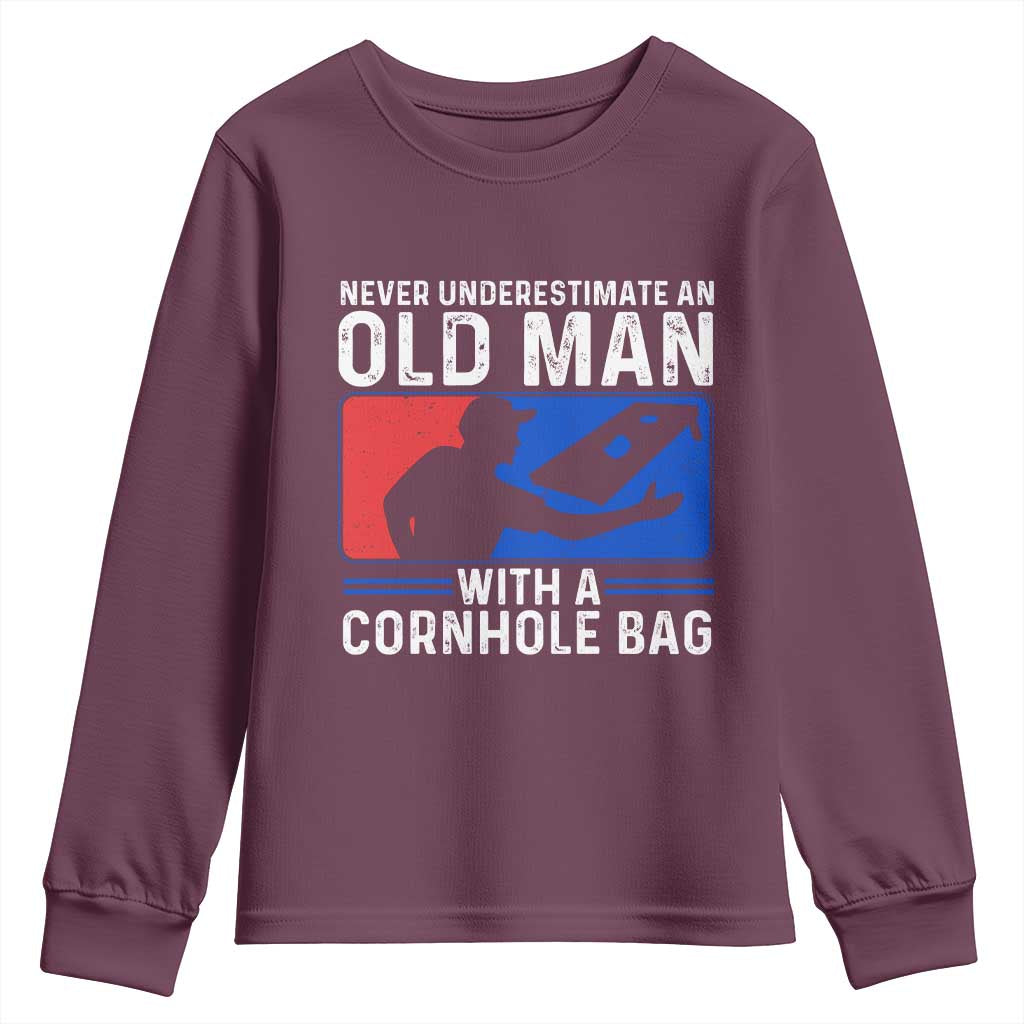 Funny Cornhole Player Youth Sweatshirt Never Underestimate An Old Man With A Cornhole Bag