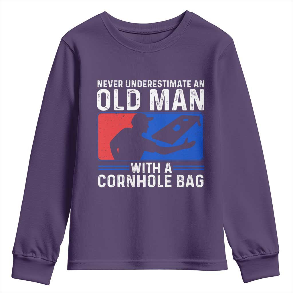 Funny Cornhole Player Youth Sweatshirt Never Underestimate An Old Man With A Cornhole Bag