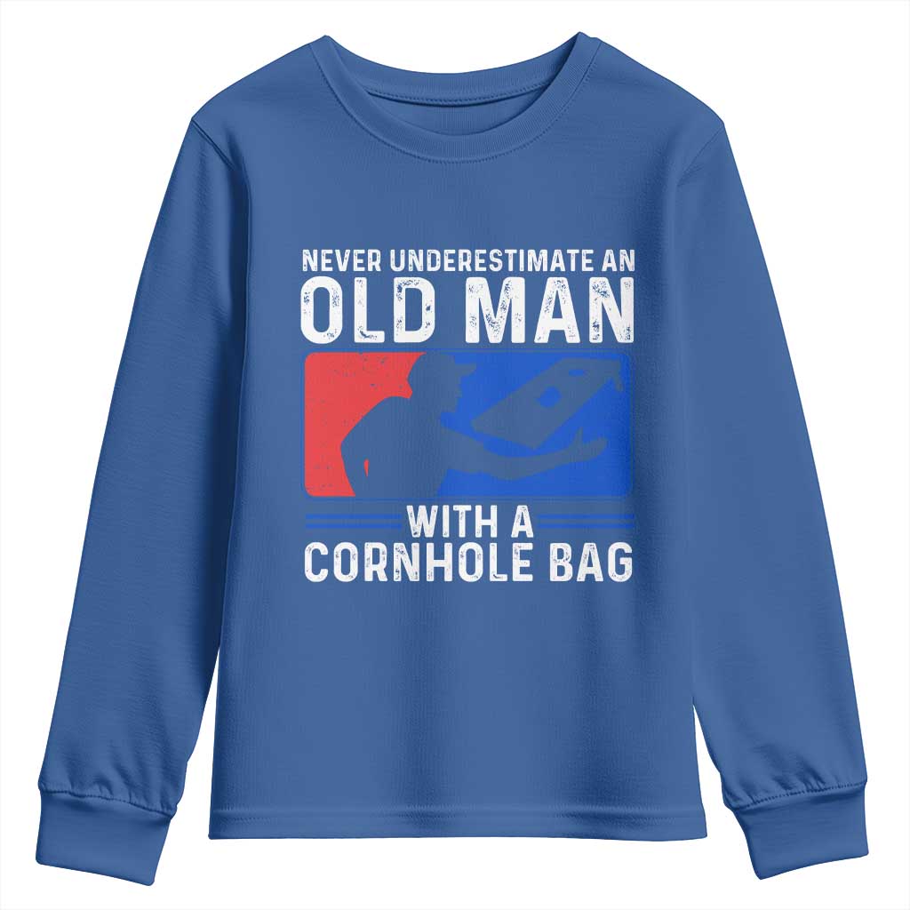 Funny Cornhole Player Youth Sweatshirt Never Underestimate An Old Man With A Cornhole Bag