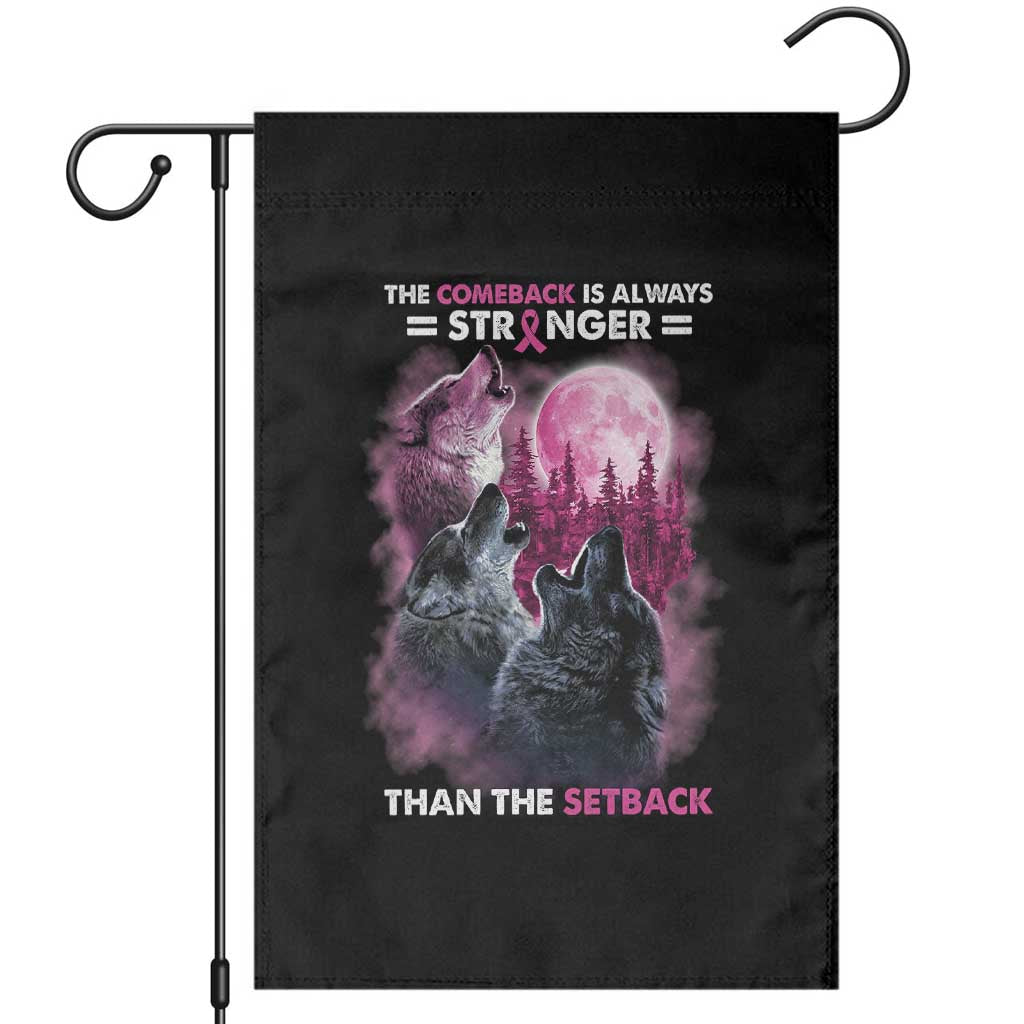 Pink Breast Cancer Garden Flag Pink Ribbon Comeback Stronger Than Setback Wolf Moon - Wonder Print Shop