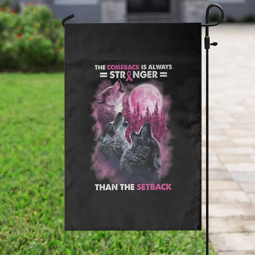 Pink Breast Cancer Garden Flag Pink Ribbon Comeback Stronger Than Setback Wolf Moon - Wonder Print Shop